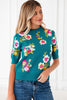 Blue Flower Pattern Mock Neck Short Sleeve Knitted T Shirt