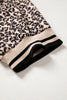 Brown Leopard Print Half Zip Striped Trim Patchwork Short Sleeve Top
