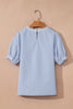 Sky Blue Stripe Floral Lace Splicing Puff Sleeve Blouse