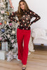 Black Santa Print Sheer Stand Neck Long Sleeve Top