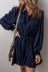 Navy Blue Solid Chest Pockets Tunic Shirt Mini Dress