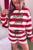 Pink Stripe Holly Jolly Embroidery Pullover Long Sleeve Two Piece Shorts Set