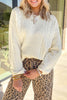 Beige Solid Color Cable Detail Knit Loose Round Neck Sweater