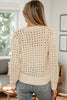 Beige Hollowed Pattern Knit Zip Up Drop Shoulder Sweater Cardigan
