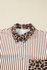 Brown Stripe Contrast Leopard Patchwork Long Shirt Dress with Slits
