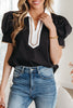 Black Ricrac Trim Color Block Patchwork Shirt Collar Short Sleeve Blouse