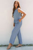Beau Blue Solid Color Ribbed Ruffle Tank Top and Pants Set