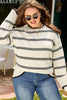 Apricot Stripe Wide Sleeve Drop Shoulder Crew Neck Plus Sweater