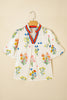 White Floral Short Puff Sleeve Contrast V Neck Print Blouse