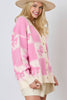 Pink Bowknot Checkered Pattern V Neck Drop Shoulder Button Up Cardigan