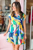 Blue Abstract Print V Neck Cap Sleeve Pocketed Mini Dress
