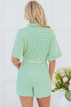 Green Stripe Textured Short Sleeve Collared Buttoned Waist Tie Romper