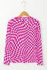 Rose Checkered Pattern Mesh Mock Neck Long Sleeve Top