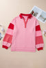 Rose Striped Patchwork Side Split Collared Plus Size Sweatshirt