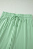 Mist Blue Solid Color Ribbed Trim Short Sleeve Top Drawstring Loose Pants 2pcs Outfit