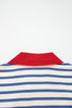 Blue Stripe Short Puff Sleeve Color Block Polo Collar Blouse