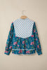 Sky Blue Floral Print Contrast Yoke Patchwork Striped Trim Long Puff Sleeve Blouse