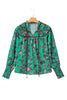Green Leaves Print Contrast Trim V Neck Shirred Puff Sleeve Blouse