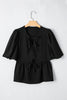 Black Puff Sleeve Bowknot Front Peplum Blouse