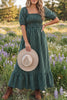 Green Plaid Square Neck Shirred High Waist Ruffle Hem Dress