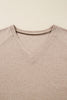 Oatmeal V Neck Contrast Lace Patchwork Long Sleeve Top