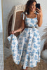 Sky Blue Floral Print Shirred Knot Shoulder Sleeveless Long Dress