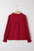 Burgundy Notched Neck Shirred Cuff Long Sleeve Blouse