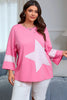 Pink Star Patched Colorblock Raw Edge Bracelet Sleeve Plus Size Loose Tee