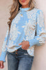 Sky Blue Ruffled Collar Puff Sleeve Flower Blouse
