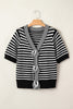 Black Stripe Short Sleeve Knit V Neck Bow Knot Sweater