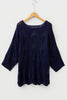 Navy Blue Hollow Out Knit 7/8 Sleeve Casual Sweater
