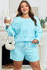 Aruba Blue Plus Size Solid Color Splicing Raw Hem Pullover Top Shorts Set