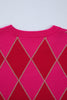 Rose Red Glitter Rhombus Pattern Knit Womens Casual Sweater