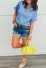 Sky Blue Raised Rib Polka Dot Print Cuffed Short Sleeve Top