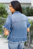 Peacock Blue Raw Edge Ruffled Short Sleeve Denim Jacket