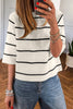 White Stripe Ribbed Knit Half Sleeve Loose Sweater Tee