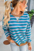 Sky Blue Stripe Contrast Color Ribbed Trim Round Neck Drop Shoulder Sweatshirt