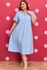 Sky Blue Stripe Shirred Detail Collar V Neck Plus Size Midi Dress