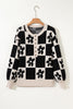 Black Flower Plaid Henley Baggy Sweater