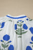Sky Blue Casual Wild Flower Print V Neck 3/4 Sleeve Blouse