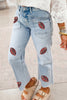 Beau Blue Sequin Rugby Pattern Raw Hem Casual Jeans