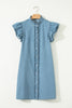 Myosotis Frilled Detail Button Down Ruffle Short Sleeve Denim Mini Dress