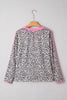 Khaki Leopard Print Contrast V Neck Varsity Stripe Detail Long Sleeve Top