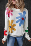 White Colorful Big Flower Pattern Crewneck Sweater