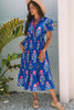 Blue Floral Puff Short Sleeve V Neck High Waist Maxi Dress