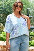 Sky Blue Leopard Print Short Sleeve V Neck Plus Size Top