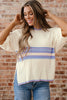 White Striped V Neck Dolman Sleeve Rib Knit Oversized Sweater with Slits