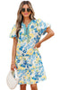 Blue Floral Striped Trim Puff Short Sleeve Dress