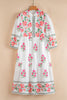 White Floral Print Half Button Mandarin Neck 3/4 Sleeve Maxi Dress