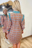Orange Boho Floral Contrast Collared Shirt Mini Dress